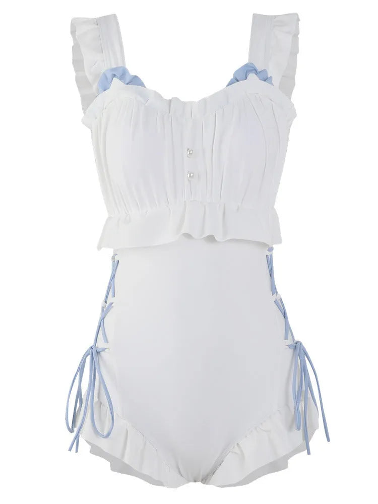 Milky White women's backless one-piece nylon swimsuit on a hanger