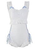 Milky White women's backless one-piece nylon swimsuit on a hanger