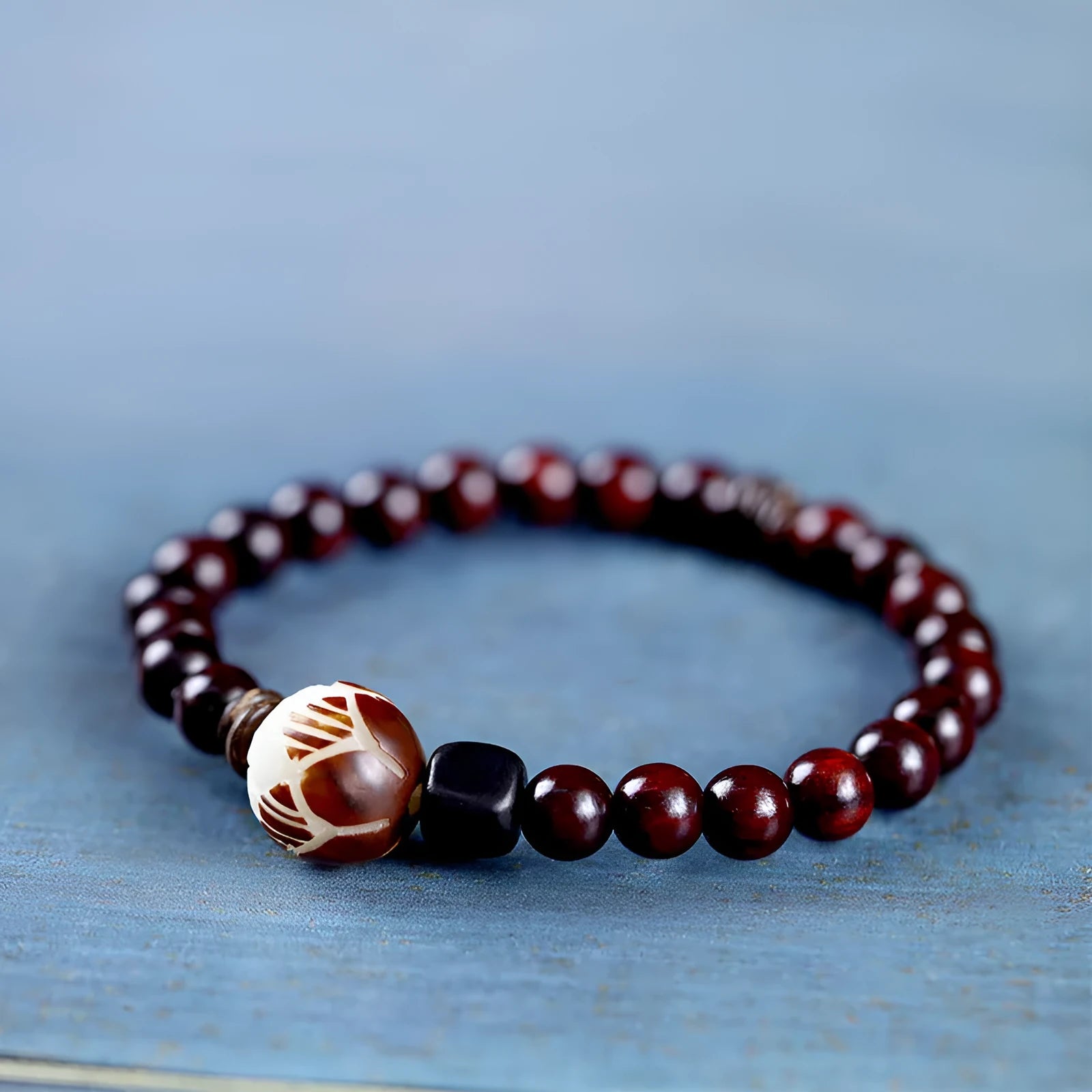 Natural rosewood double-ring bracelet with 10mm flower beads and retro knitting construction