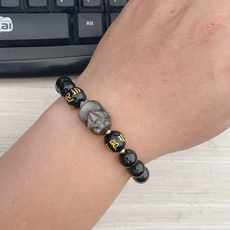 Men's silver stone bracelet with zodiac motifs, anniversary engraving and proverb beads in Chinese style