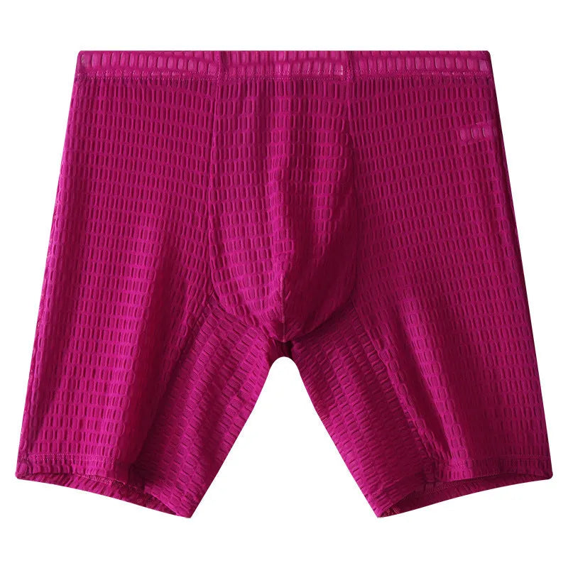 Men's transparent lace boxers in white, showing lengthened cut and mid-waist design.