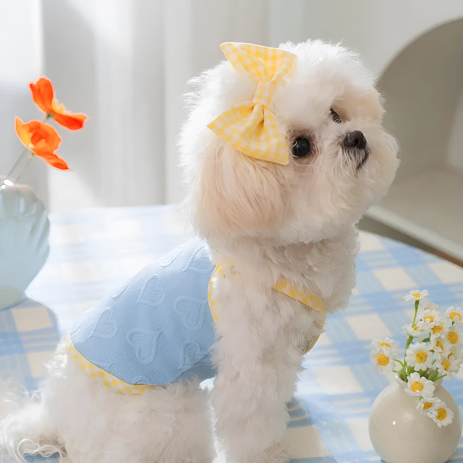 Small dog wearing heart texture bow suspenders vest in elastic material