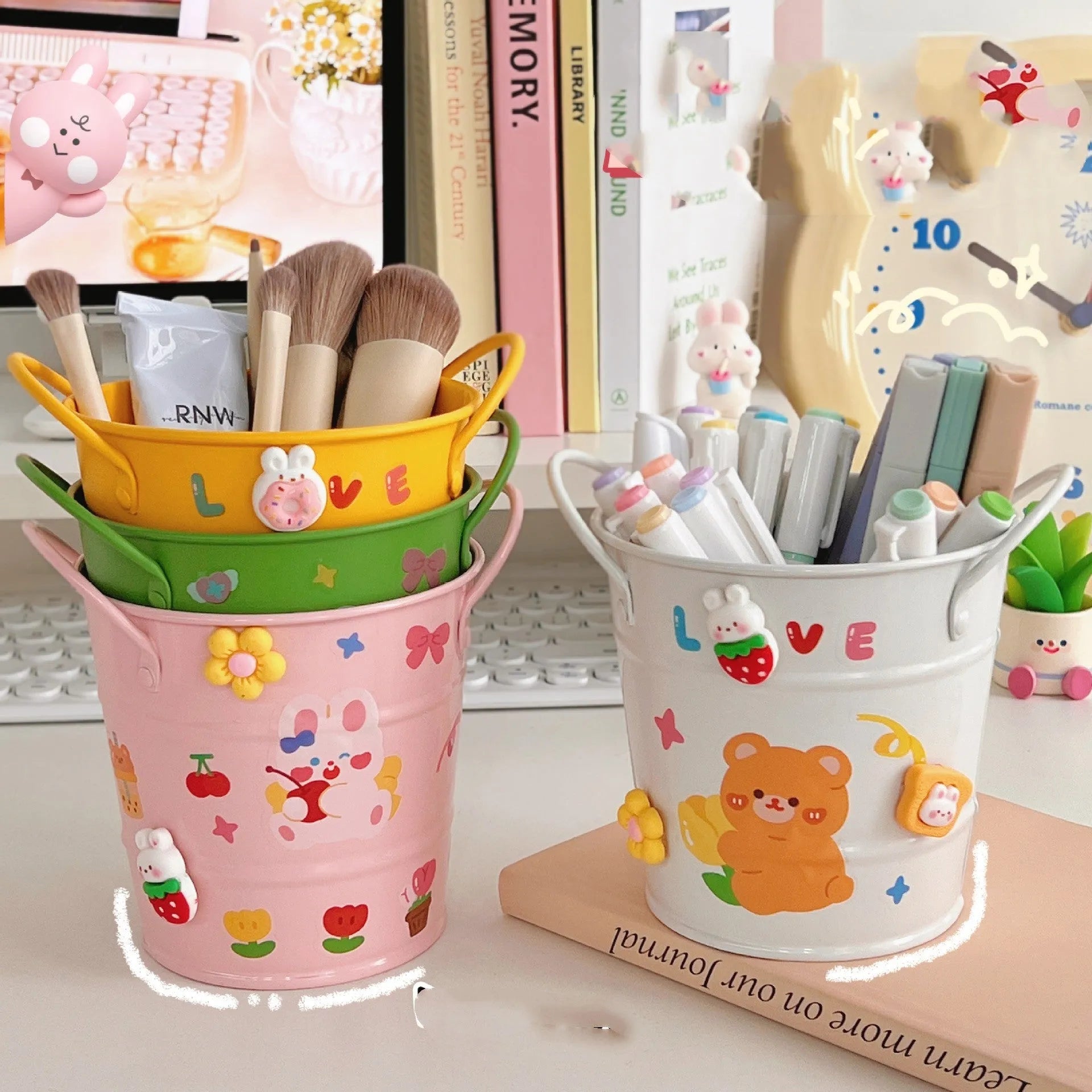 Round metal pen holder in various colours showing solid and sticker patch design options