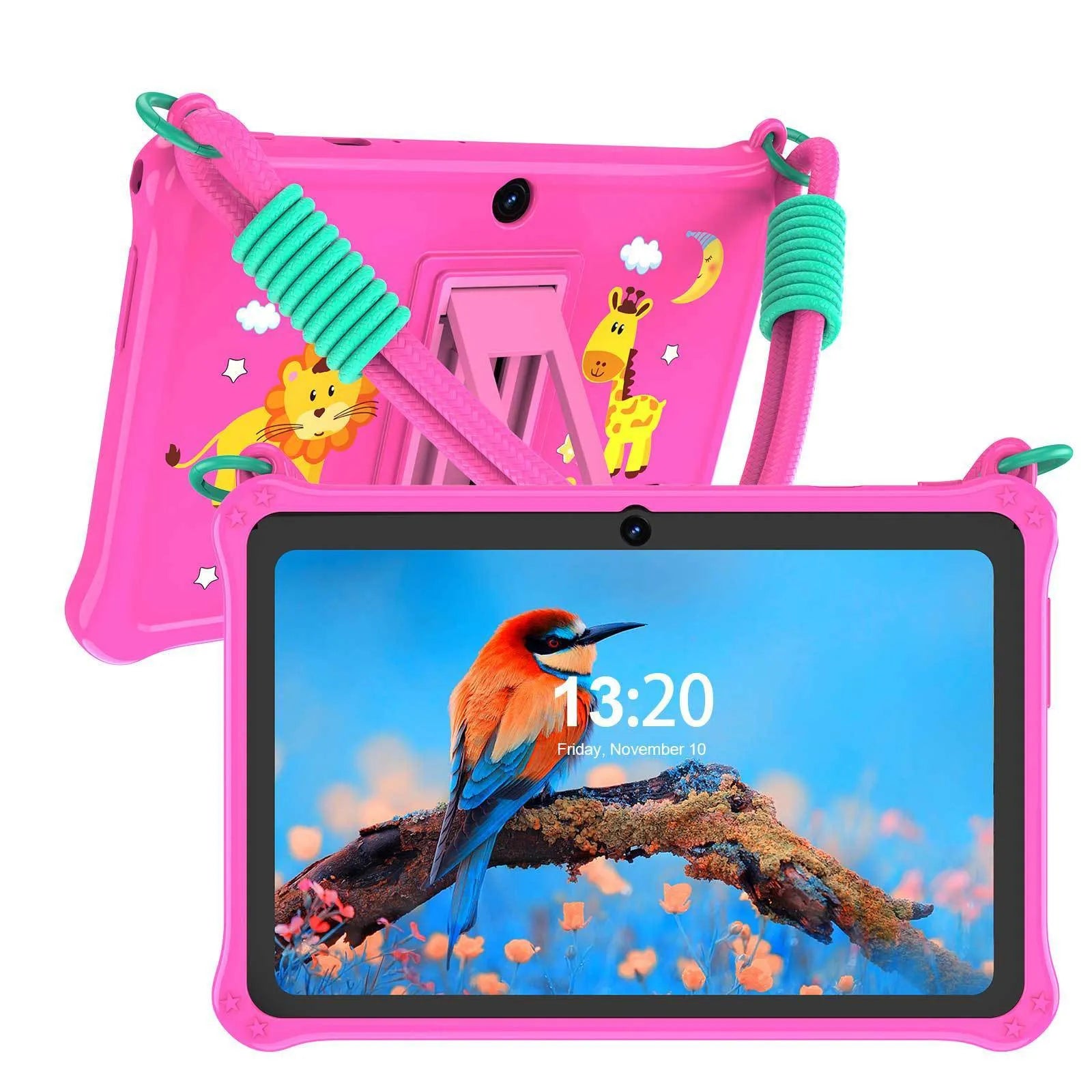7-inch children's tablet silicone protective case in dark pink and sapphire blue colours with flat strap