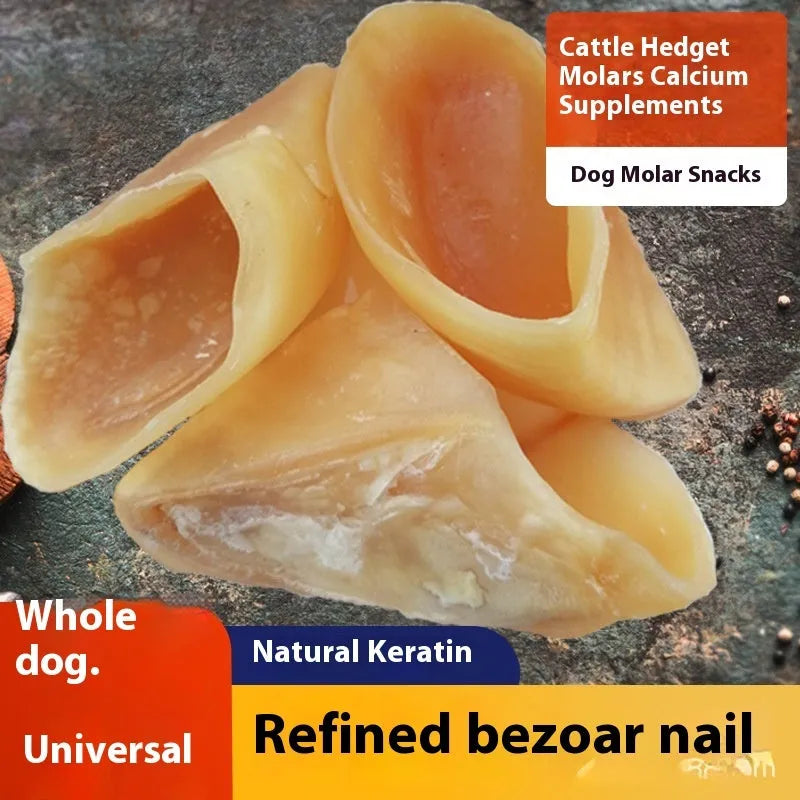 Cowhide dog dental chew in hoof shell colour, showing textured surface and two size options