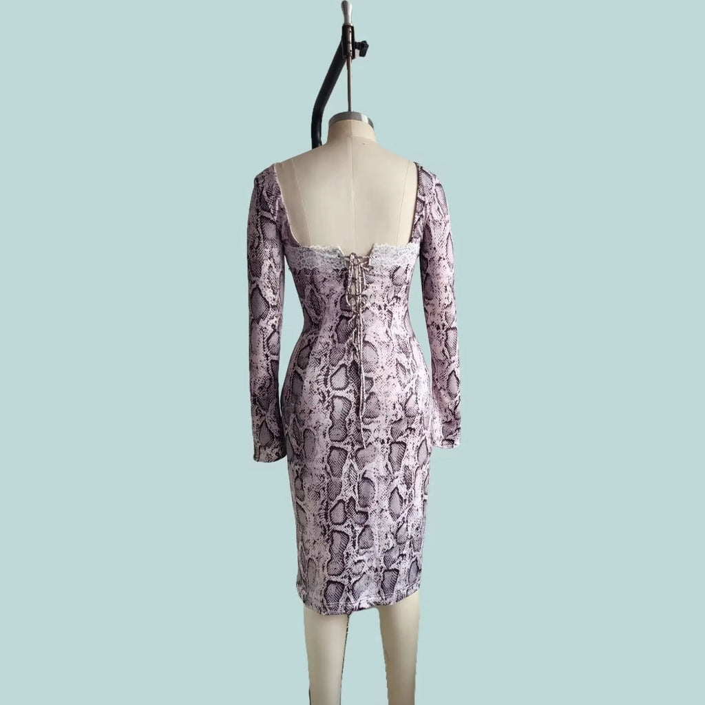 Grey women's slim fit lace dress with long sleeves and A-line skirt showing digital 3D printed pattern.