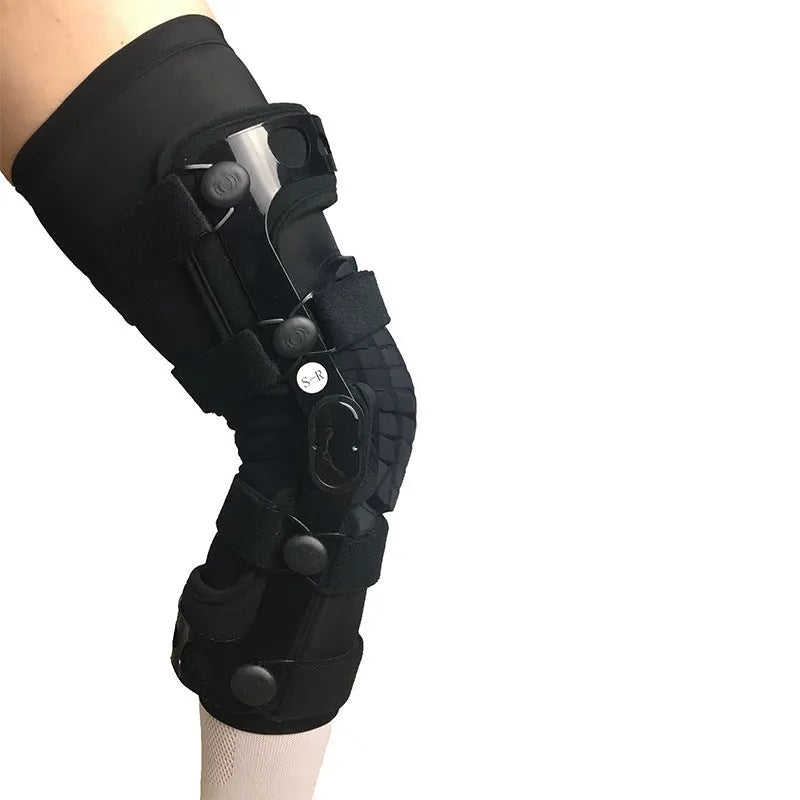 Black anterior ligament knee support brace with visible hinges, shown in various size options.