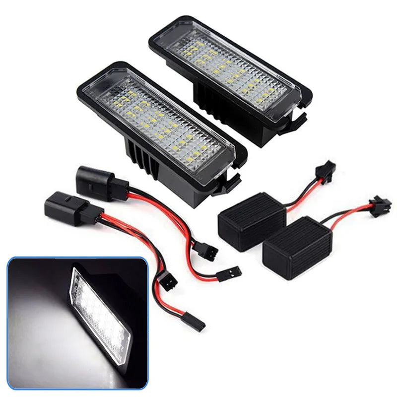 Volkswagen LED license plate light unit showing 24 SMD 3528 chips for Golf, Polo models.