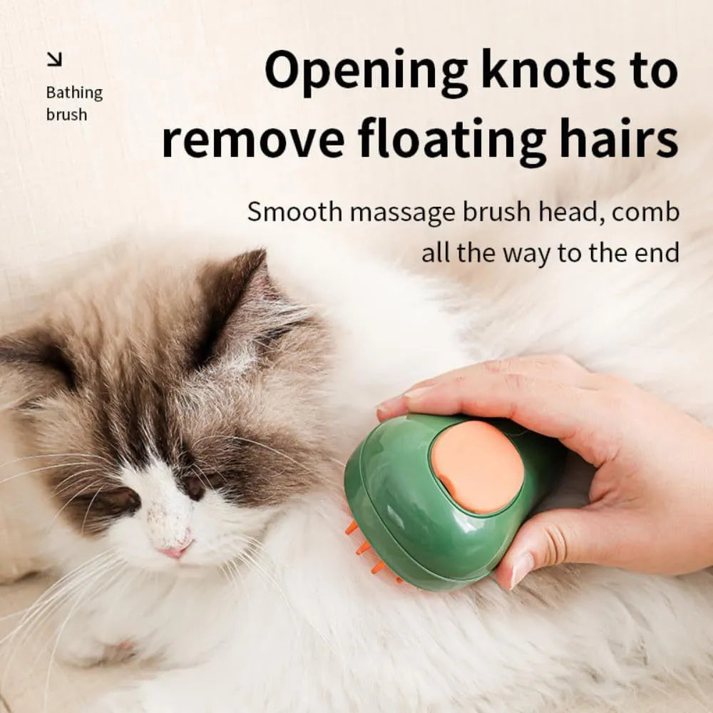 Green and white rechargeable cat steam brush with silicone teeth, shown with water spray function.