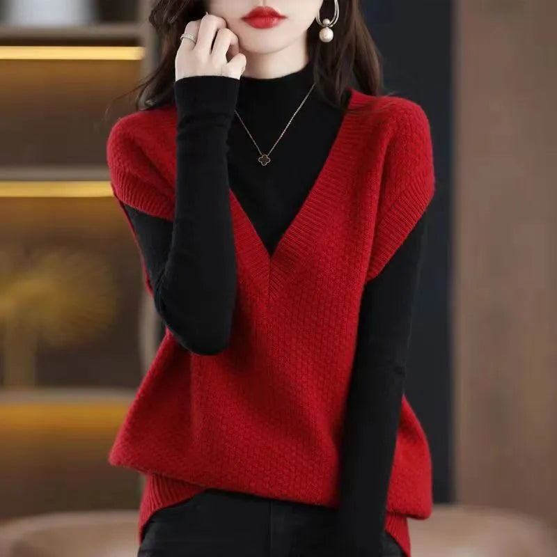 V-neck sleeveless knitted vest with 3D pattern in multiple colour options