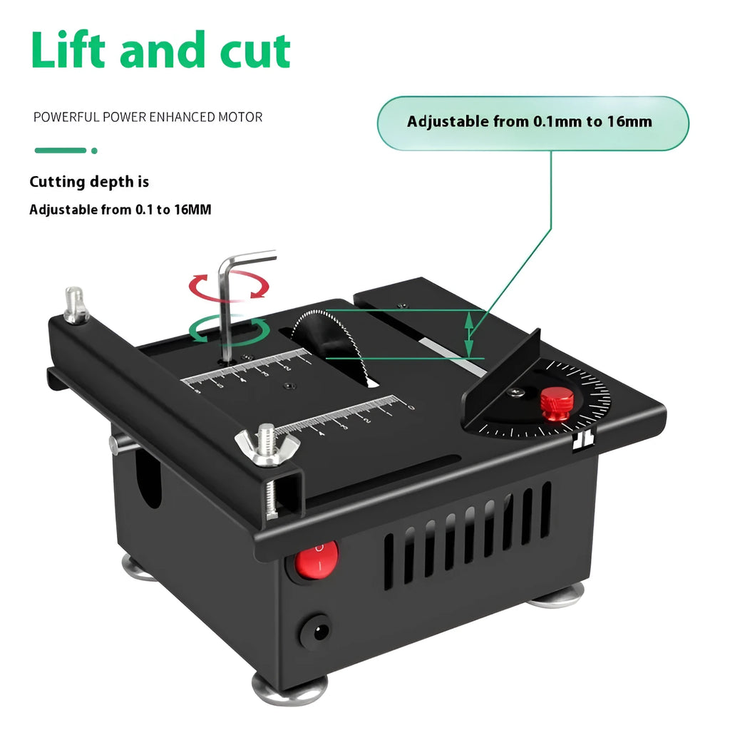 Lithium-ion cordless desktop saw with metal construction for DIY projects