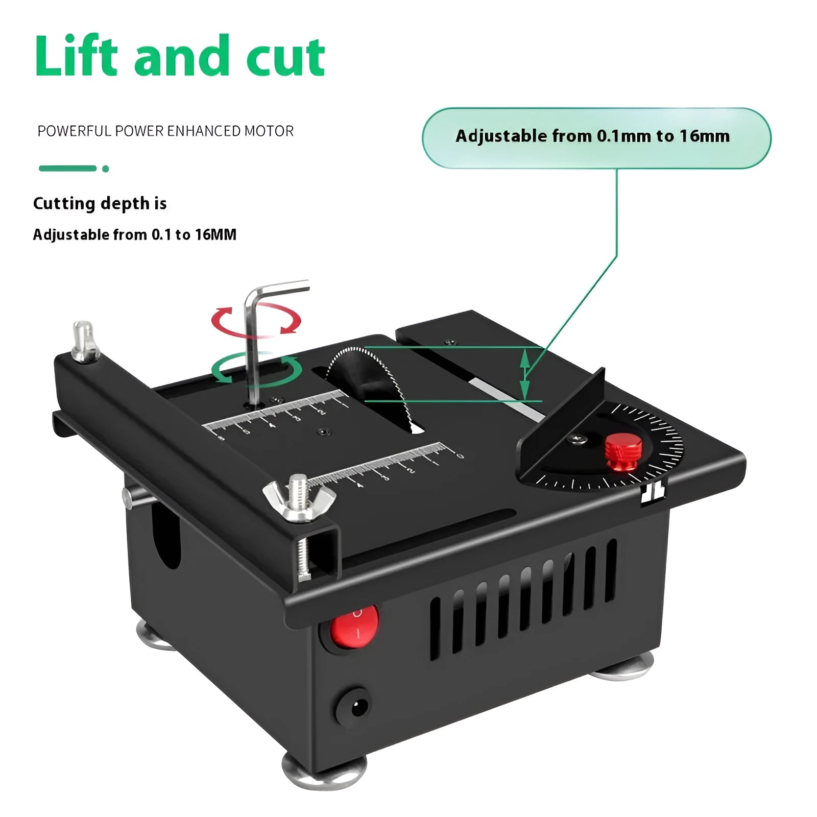 Lithium-ion cordless desktop saw with metal construction for DIY projects