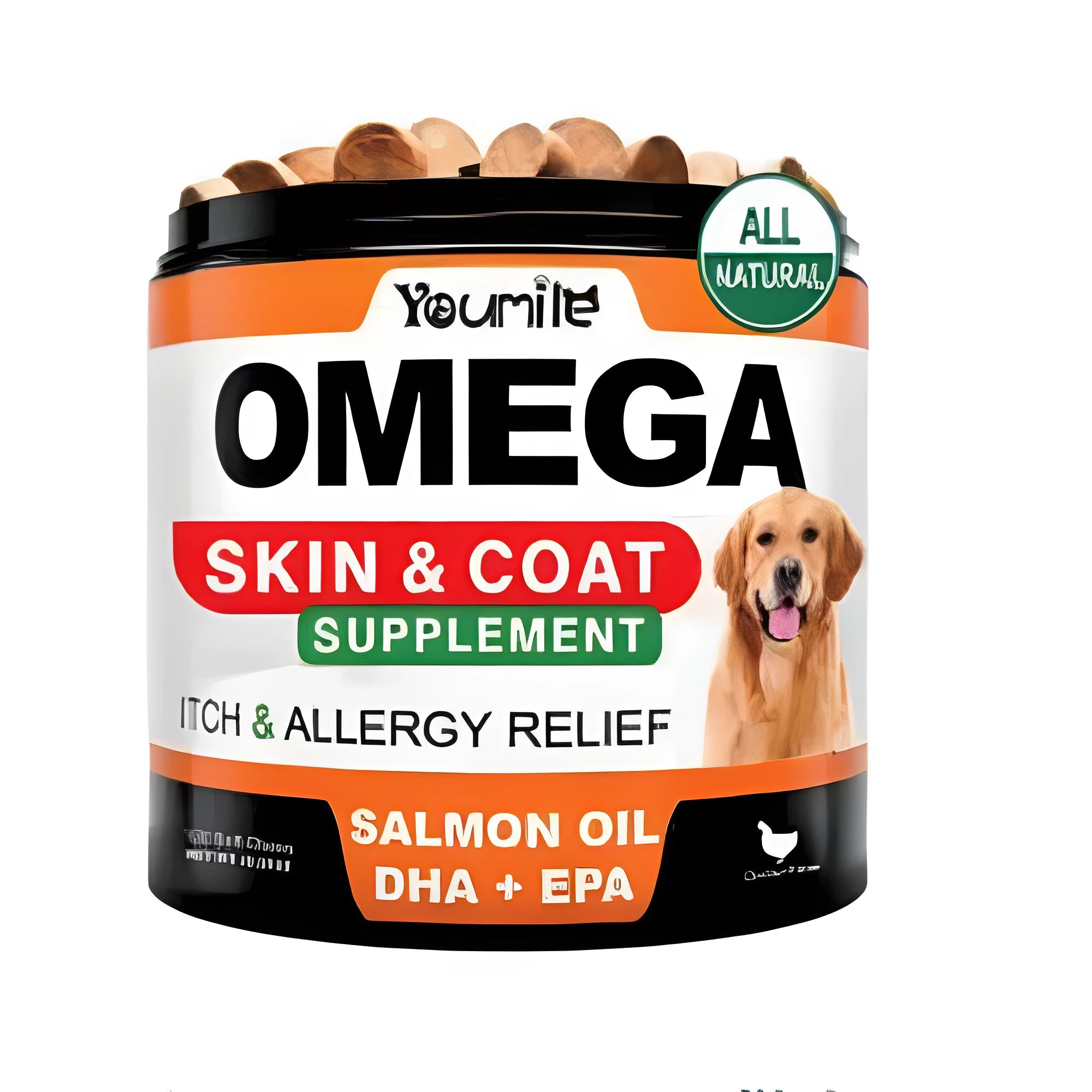 Bottle of fish oil chewable capsules dietary supplement with 120 capsules containing DHA and EPA