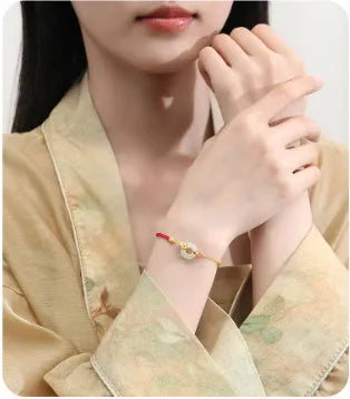 Women's gold electroplated 925 silver koi fish peace buckle bracelet with adjustable red rope