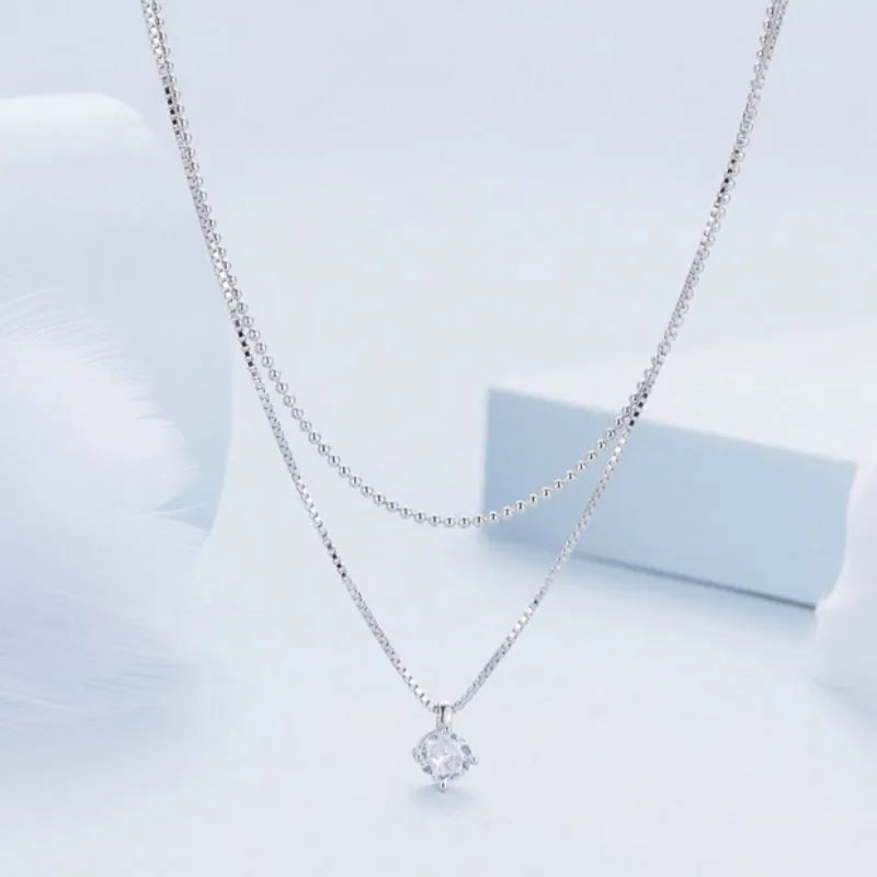 S925 sterling silver double-layer necklace with pearl chain design in silver colour