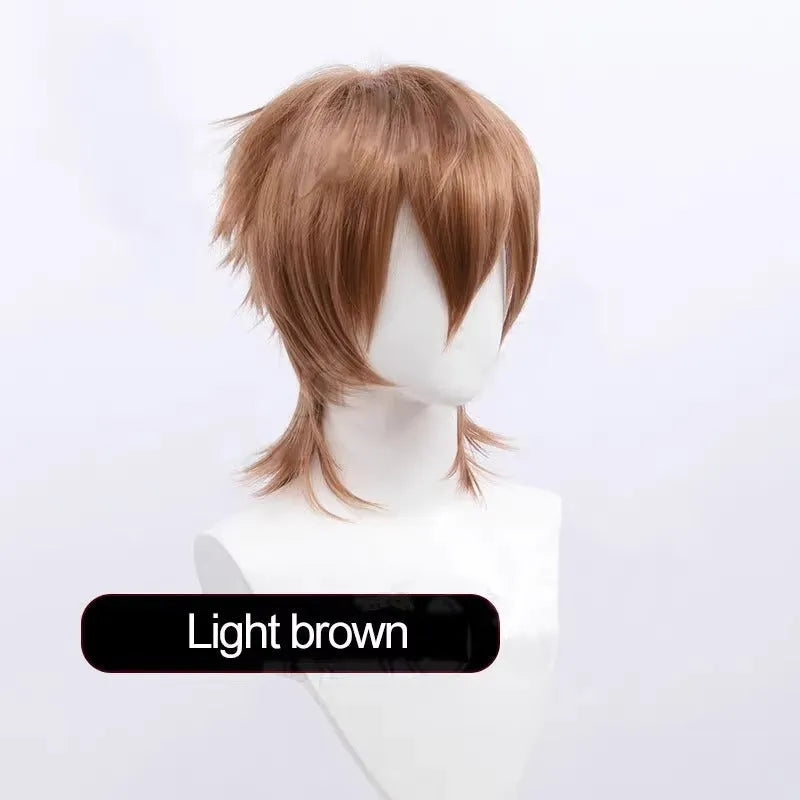 Short anime-style cosplay wig for men in high-temperature fibre with a lengthened hair tail.