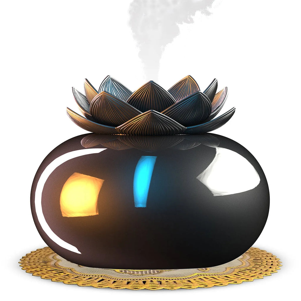 Pure black Lotus aromatherapy humidifier with USB port and mist outlet