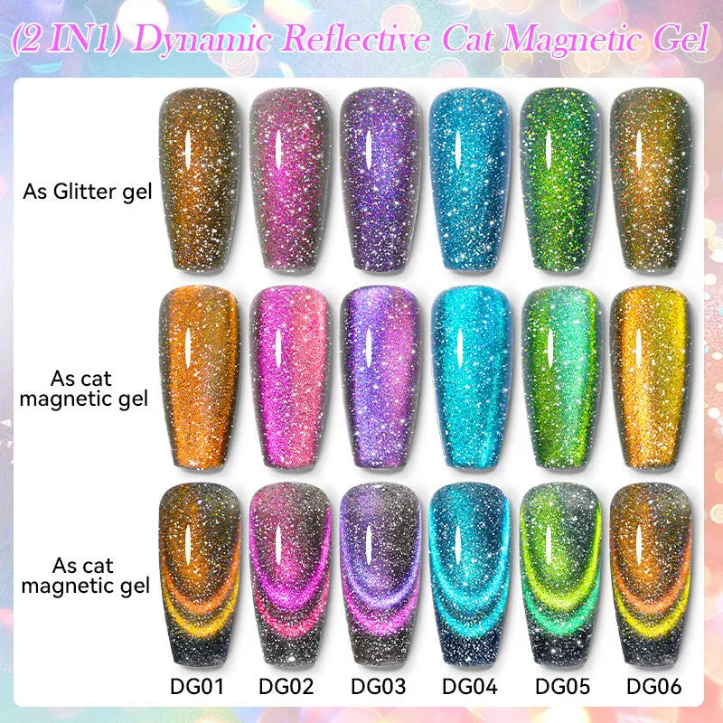 Six bottles of Diamond in the Debris cat eye UV gel nail polish showing glitter and magnetic finishes.