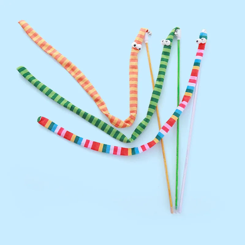 Cat wand toy with polycarbonate pole and colourful plush strip for interactive play