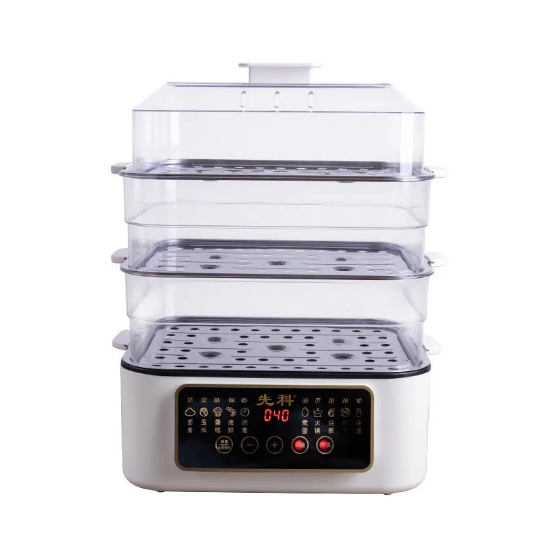 28L stainless steel electric food steamer with digital display and steaming rack.