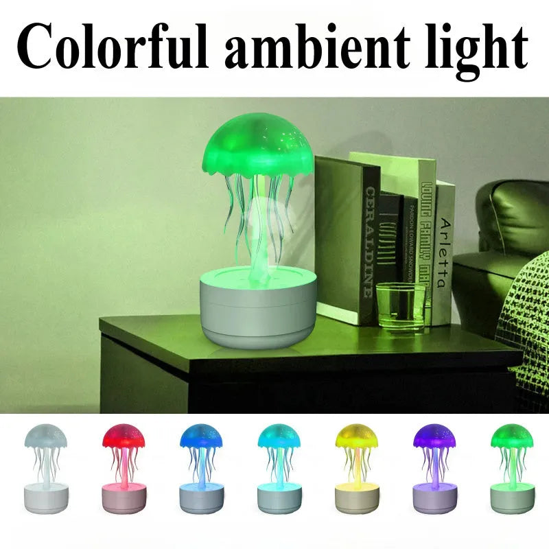 White jellyfish-shaped humidifier diffuser with colourful LED lights and visible mist output