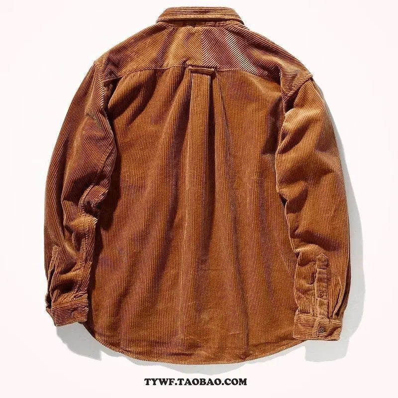 Caramel and grey loose fit corduroy shirt with Japanese Hong Kong style cardigan design for youth leisure wear