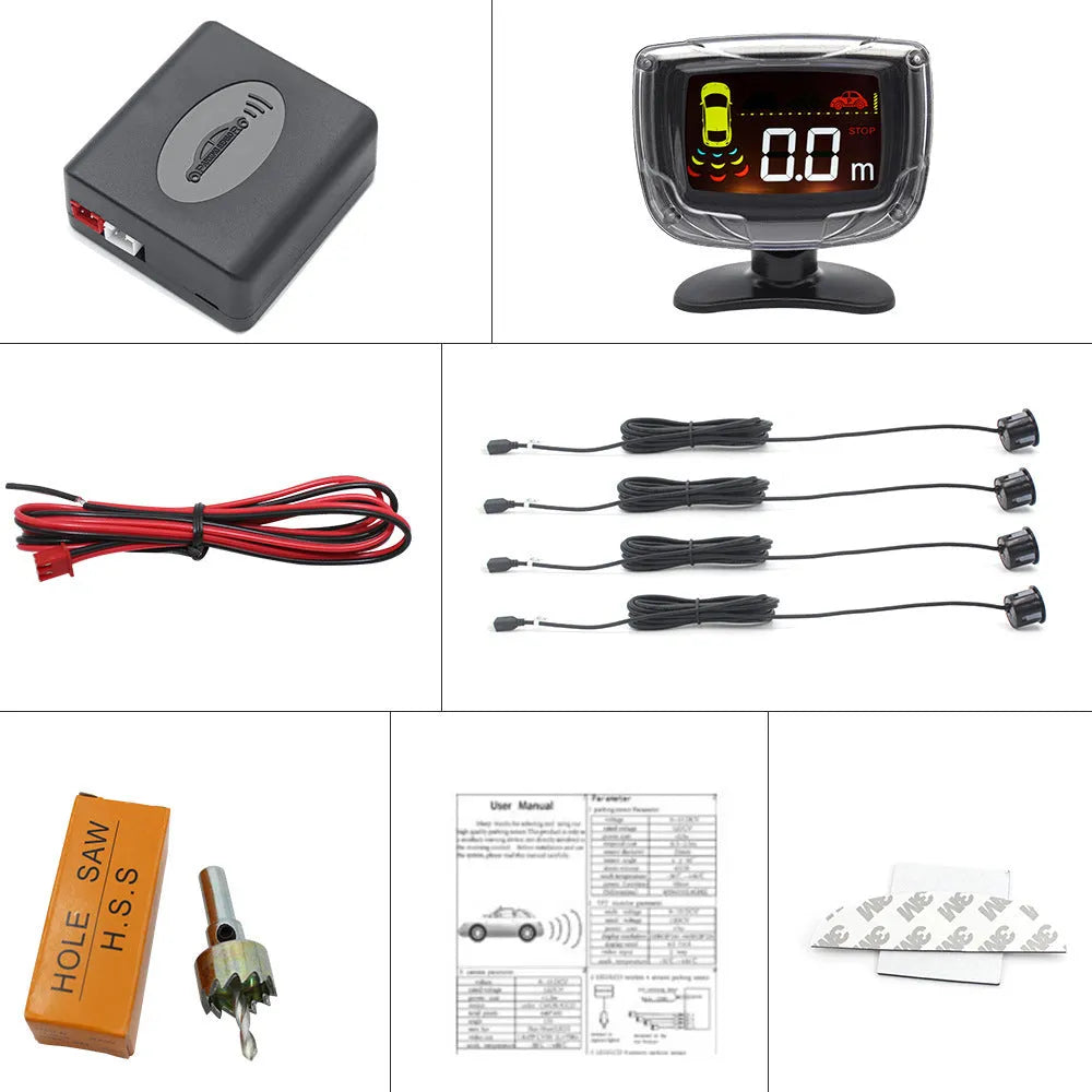 Wireless reversing sensor system with LED display unit and four embedded probes for vehicle obstacle detection