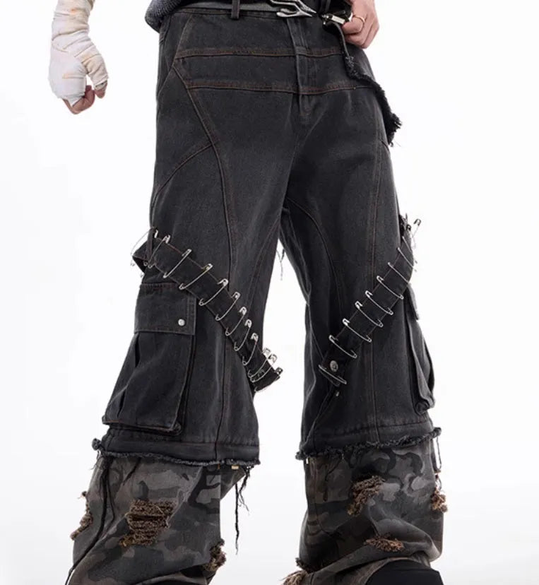 Men's grey camouflage jeans showing pin and ribbon splicing detail on the leg.