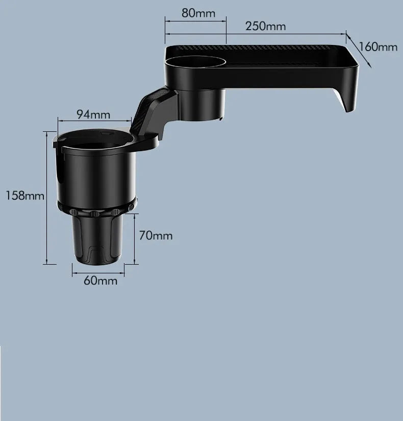 Black rotating car tray holder with detachable plate mounted in vehicle cup holder