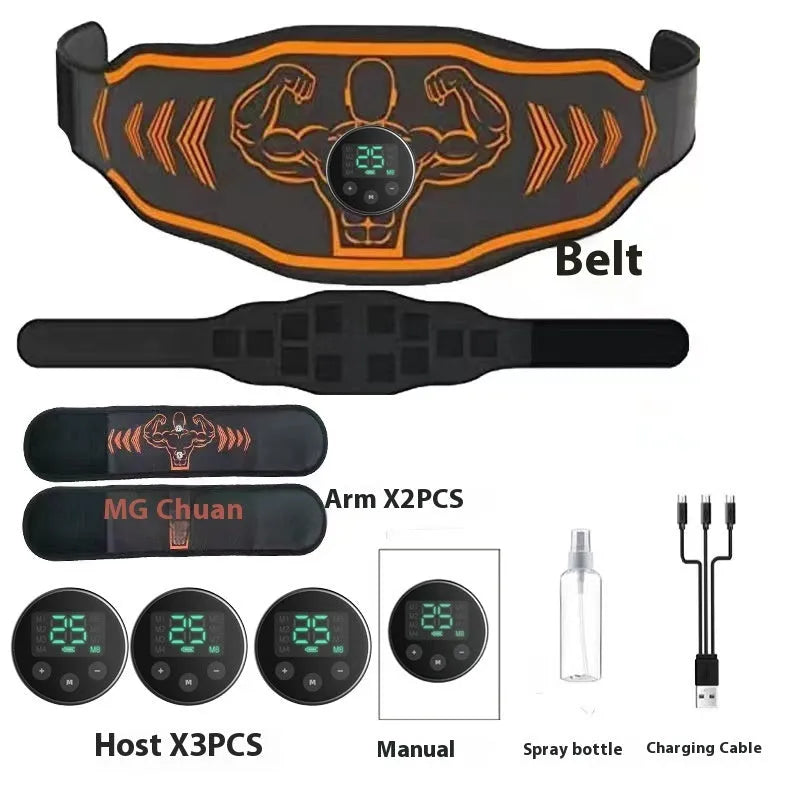 EMS abdominal massage belt with rechargeable host unit and separate arm electrodes in blue or orange