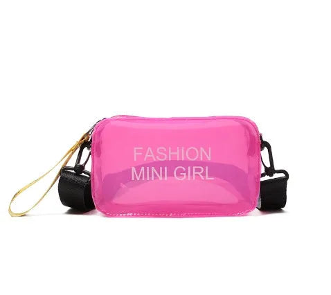 Transparent square jelly shoulder bag in various colours with adjustable strap and phone compartment