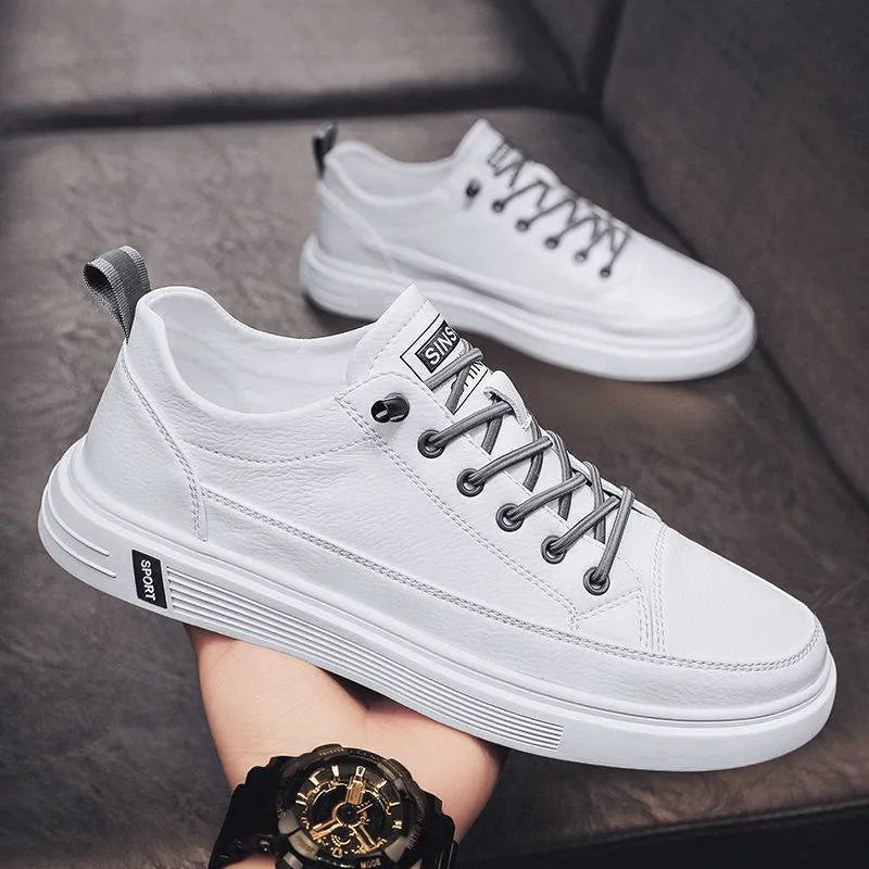 Men's white casual PU shoes with a round toe and low flat heel.