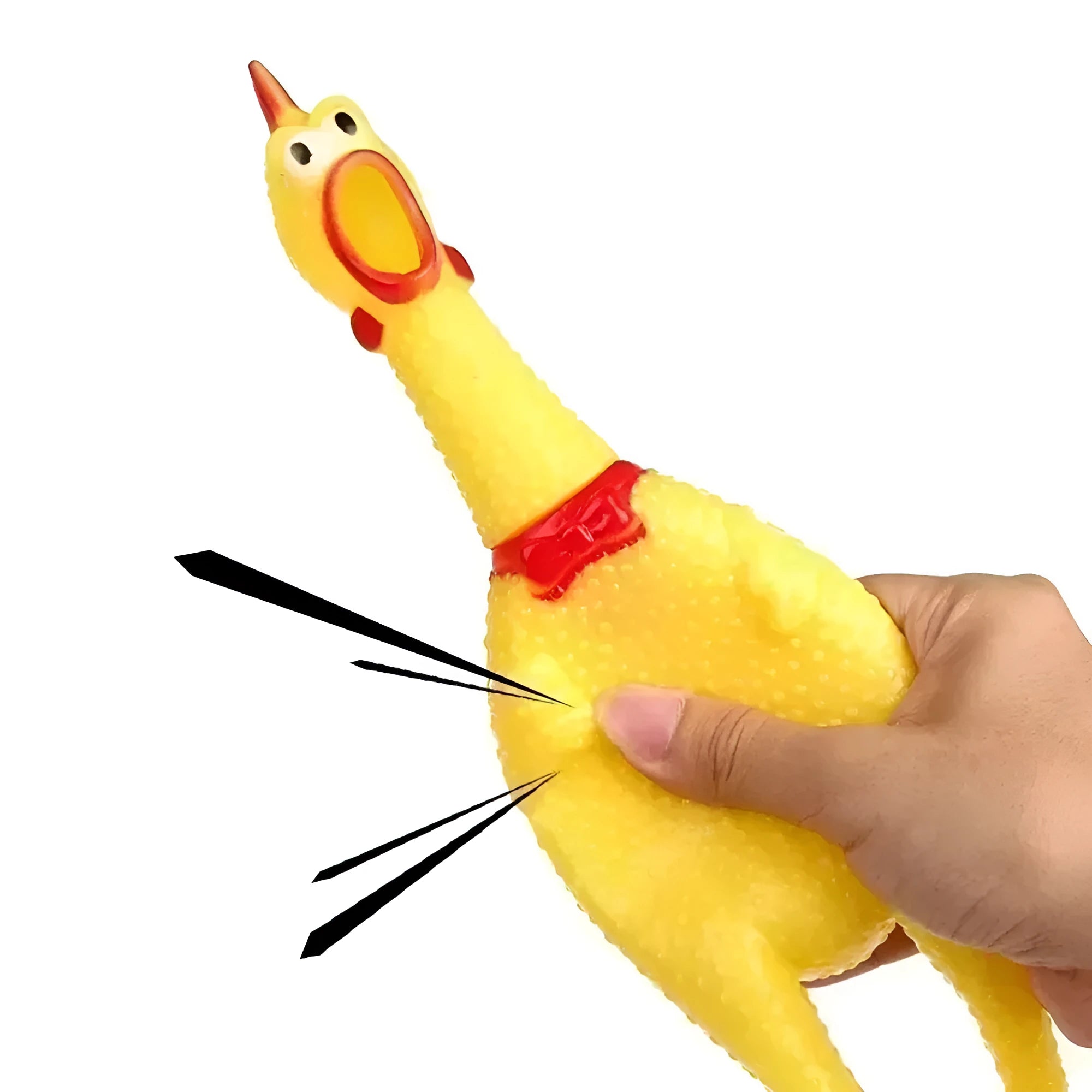 Yellow rubber screaming chicken dog chew toy with squeaker, shown in small, medium and large sizes.