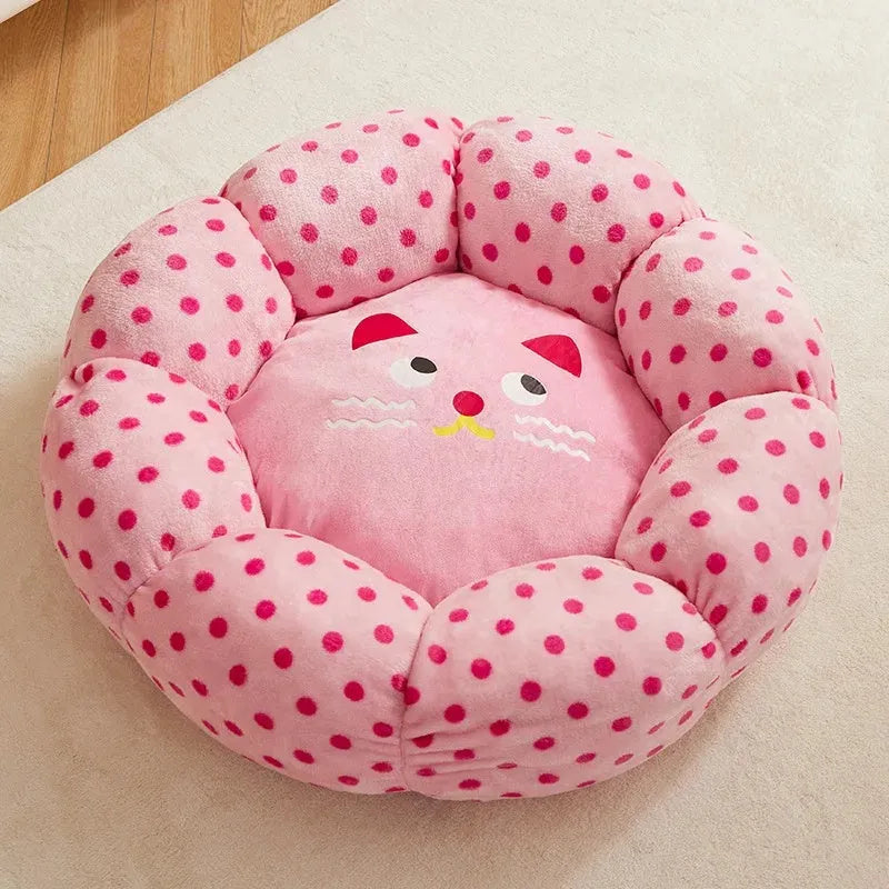 Pink cat bed cushion with dot pattern showing two size options for cats up to 20 pounds