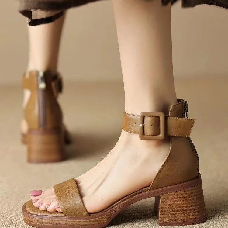 Retro women's platform high heels with ankle strap in white or khaki colour