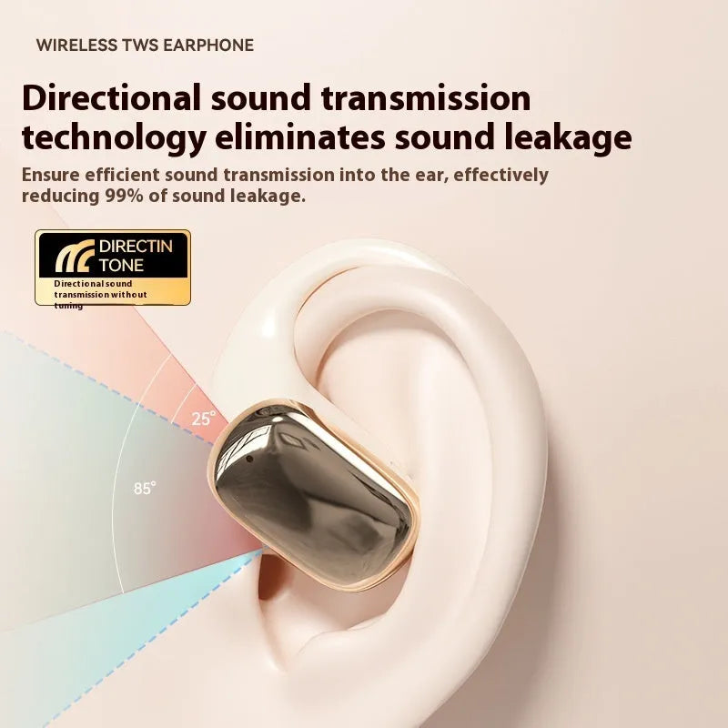 Ear-mounted wireless headphones in black with a small digital display screen on the side.