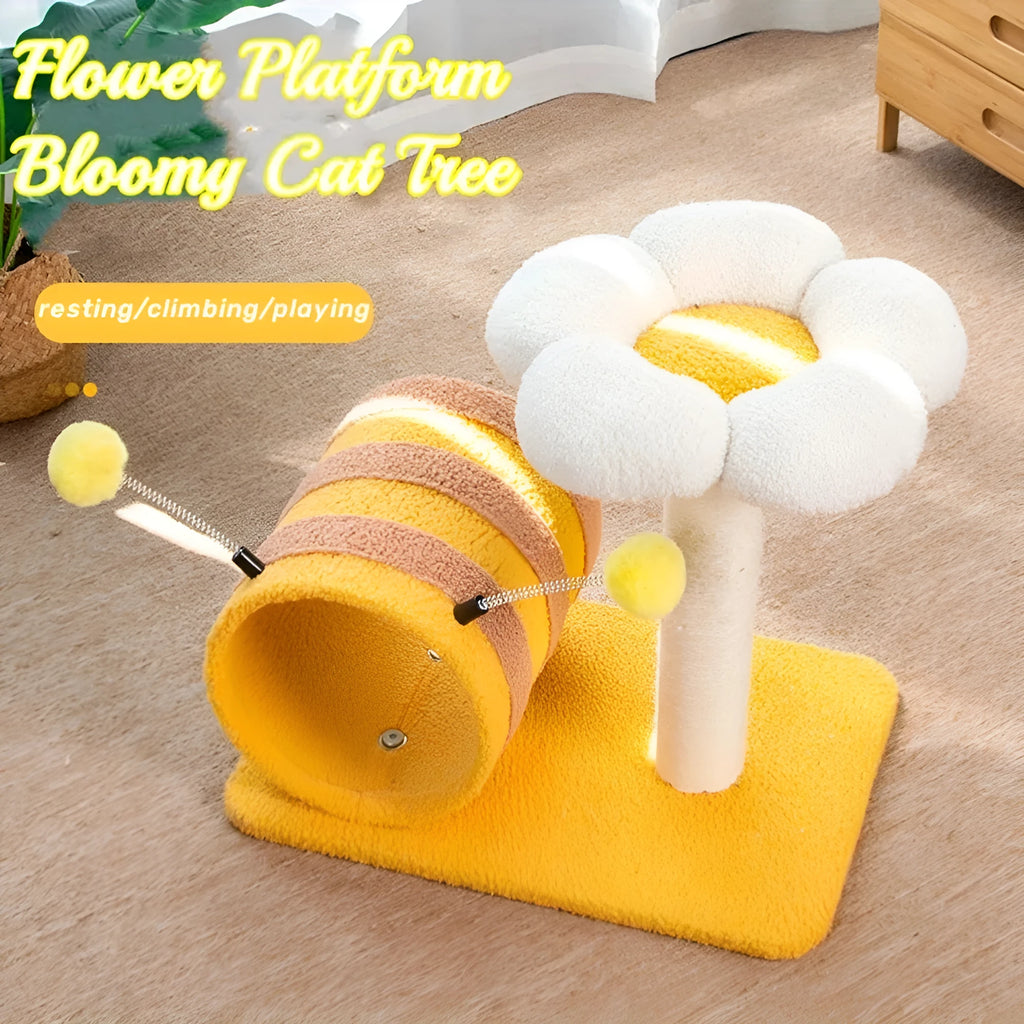 Yellow cat tree with sisal scratching posts and a fabric tunnel.