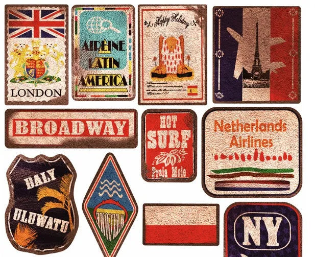 Pack of 36 retro beach themed surfing and travel stickers in sizes from 6cm to 10cm.