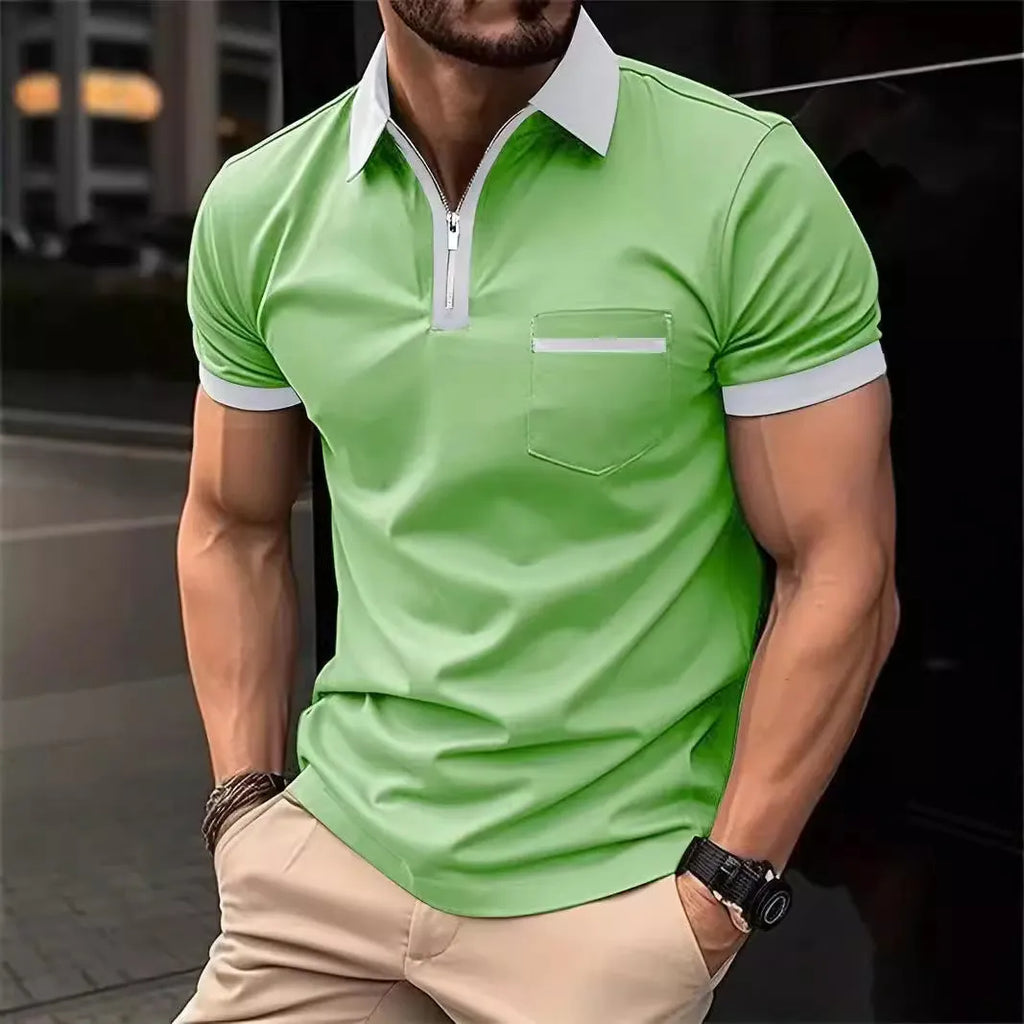 Men's loose-fit casual short-sleeved shirt with a chest pocket and decorative zip detail on the front.
