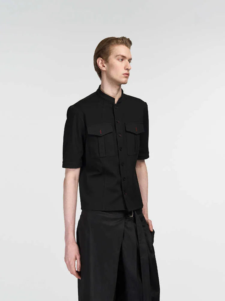 Black half-sleeve collared shirt with Red Eye hunting pattern, loose fit casual shirt