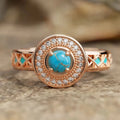 Women's turquoise ethnic style geometric copper ring with oil micro inlaid zircon in rose gold.
