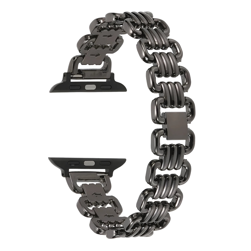Silver alloy metal bracelet for an Apple watch on a wrist, showing the connector and band detail.