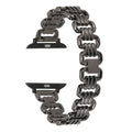Silver alloy metal bracelet for an Apple watch on a wrist, showing the connector and band detail.