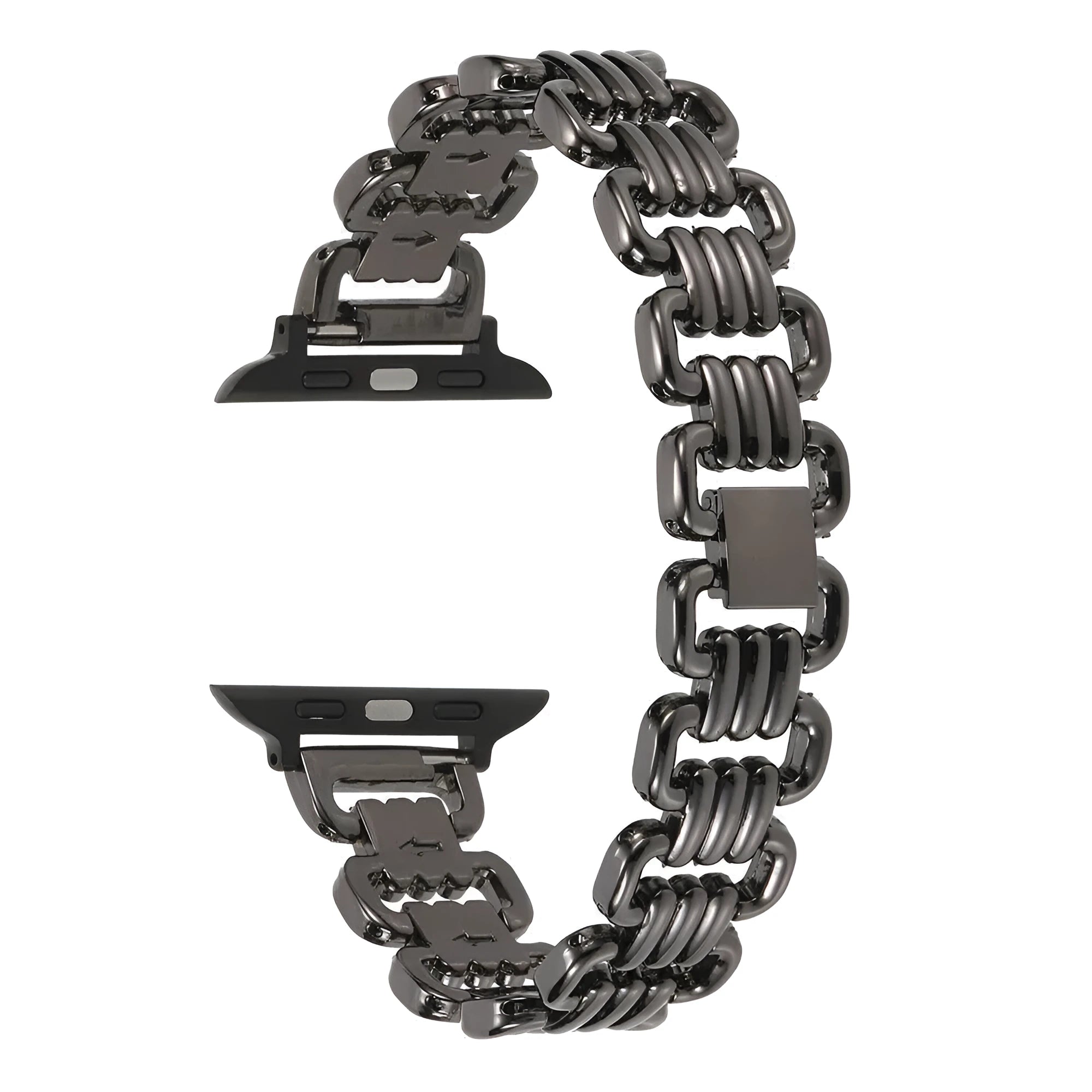 Silver alloy metal bracelet for an Apple watch on a wrist, showing the connector and band detail.