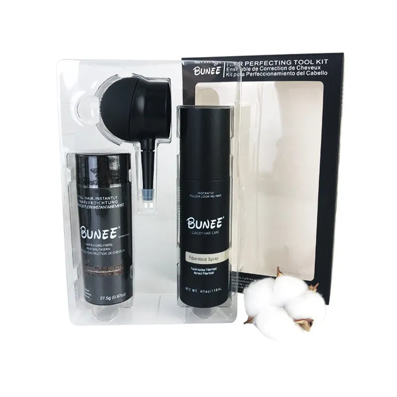 Dense hair fibre 275g three-piece kit including powder canister, special nozzle, and shaping spray bottle.
