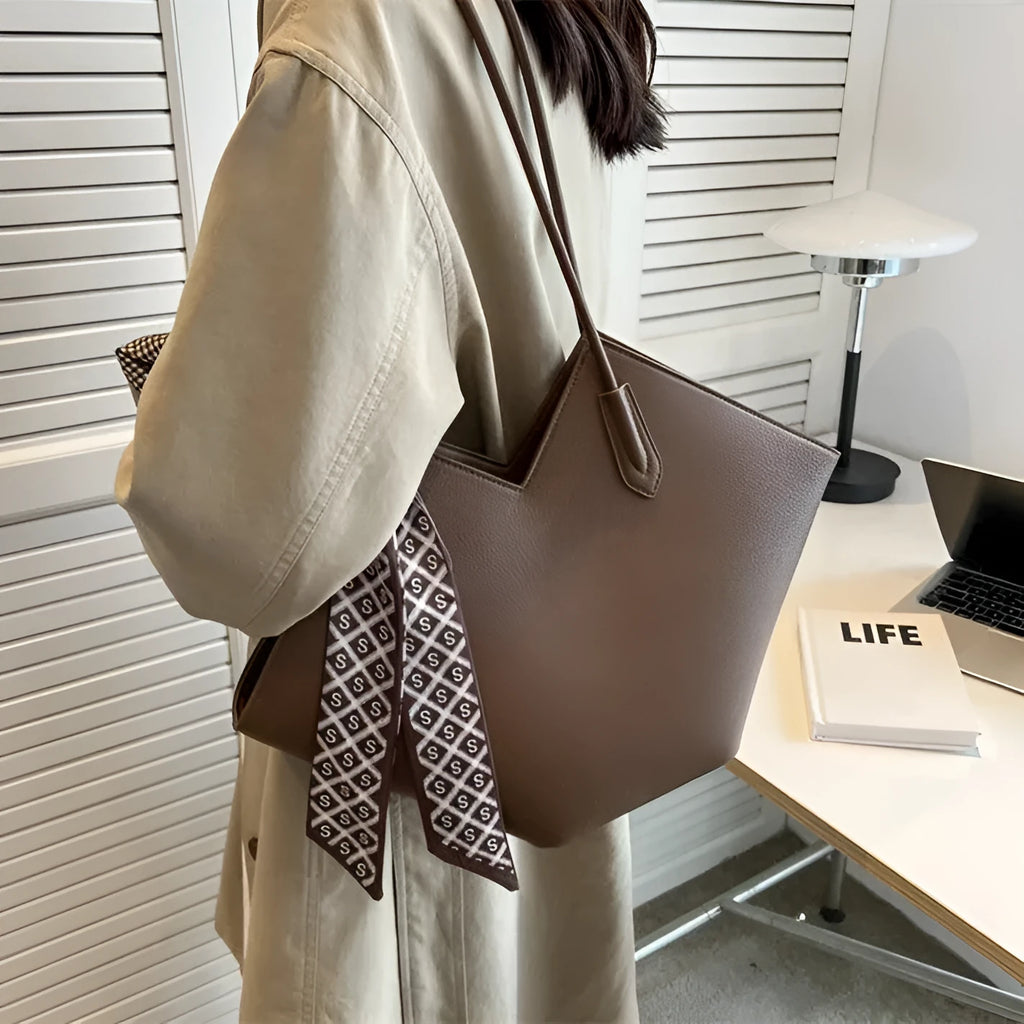 Women's large beige PU leather shoulder bag with square shape and external pocket