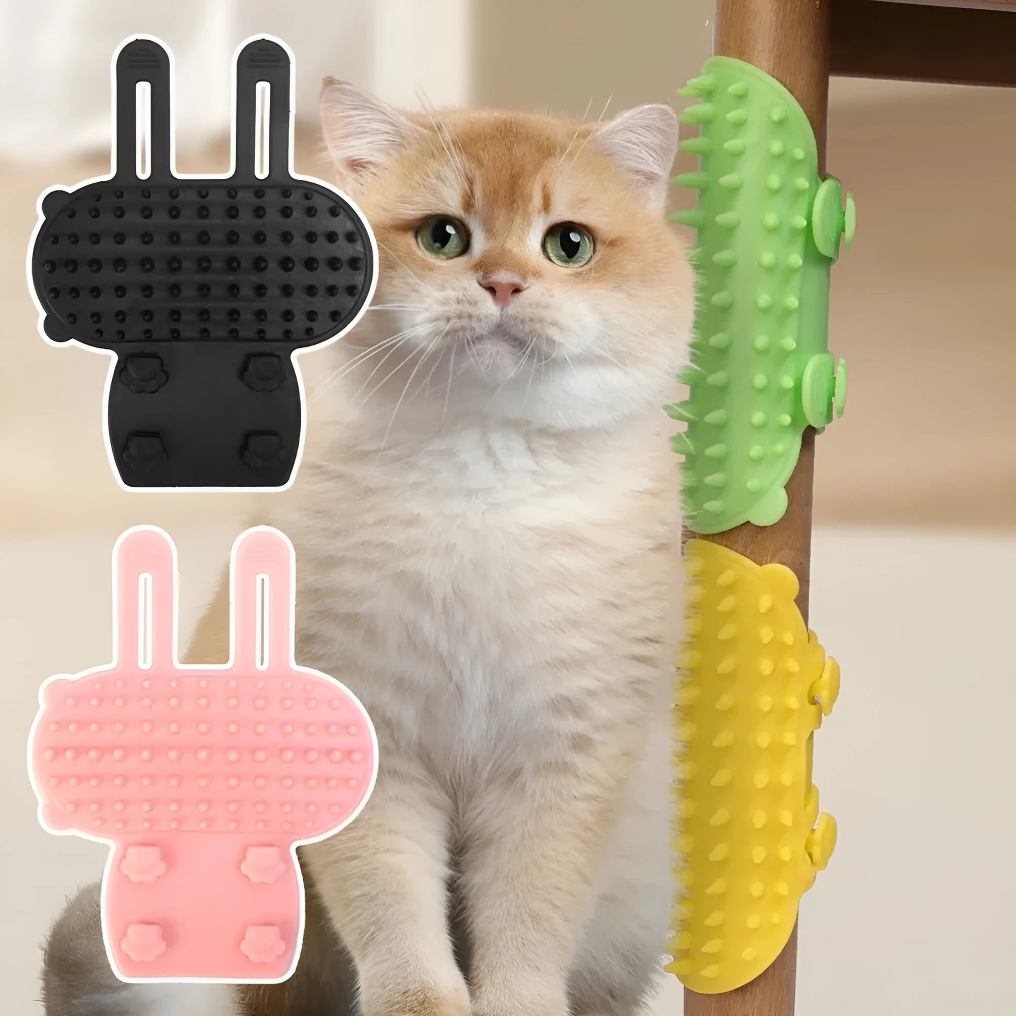 Silicone cat grooming comb with adjustable strap mounted on table leg