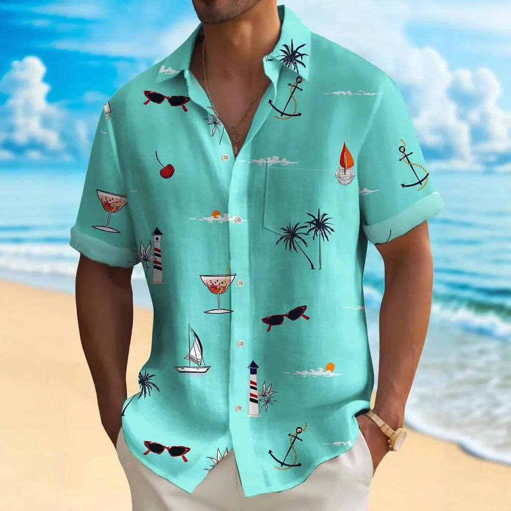 Men's loose fit Hawaiian shirt with colourful digital print pattern and short sleeves
