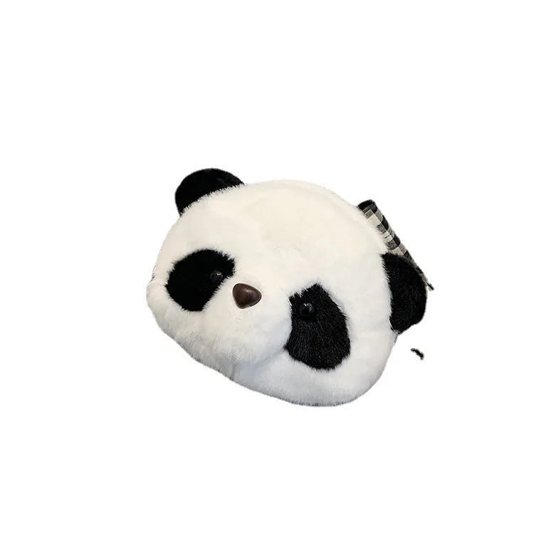 Soft plush panda head design crossbody bag shown in cylindrical shape.