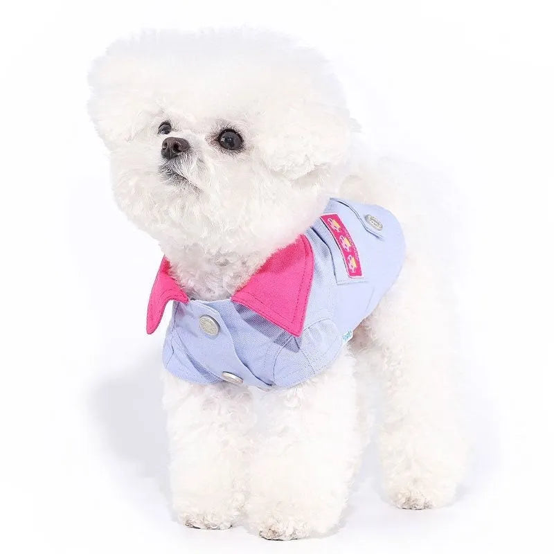 Blue and purple polyester dog vest with traction ring for small dogs